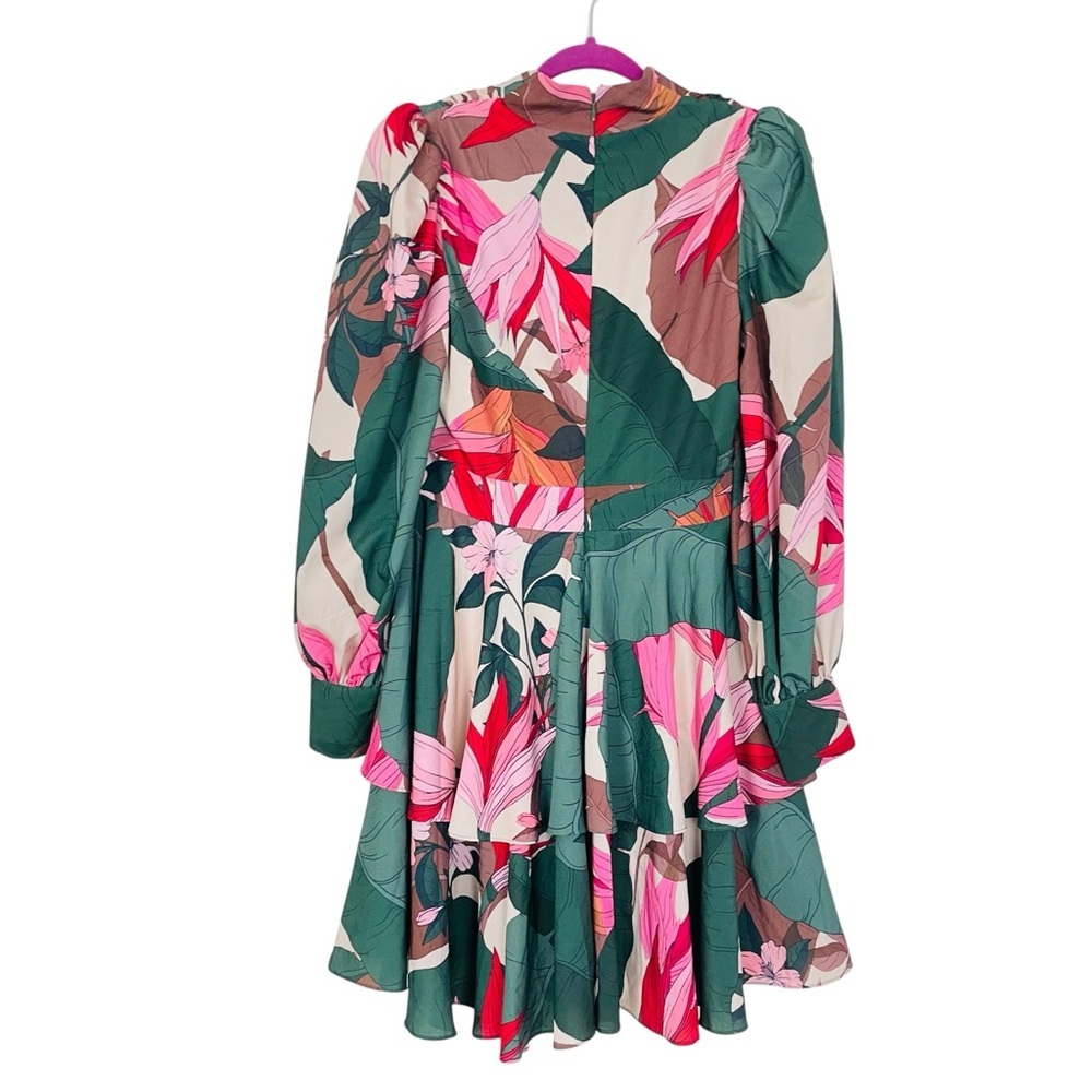 One 33 Social Green Tropical Floral Blouson-Sleeve Tiered Dress 6 - Picture 10 of 11
